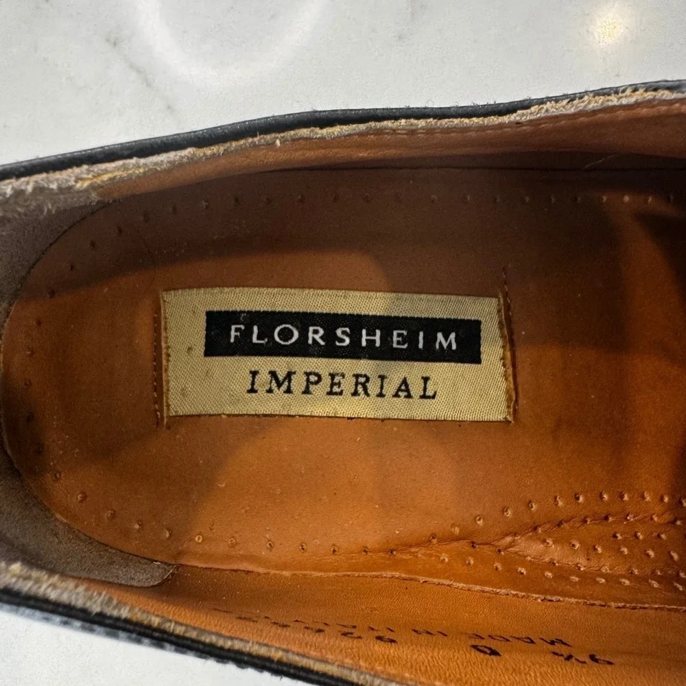 Florsheim Imperial Men 9.5D Black Leather Apron Toe Derby Dress Shoes Italy 9266
